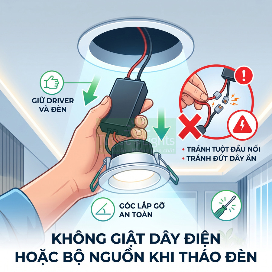 Hướng dẫn tháo lắp đèn led âm trần an toàn, giữ driver và đèn, tránh giật dây điện gây tuột đầu nối